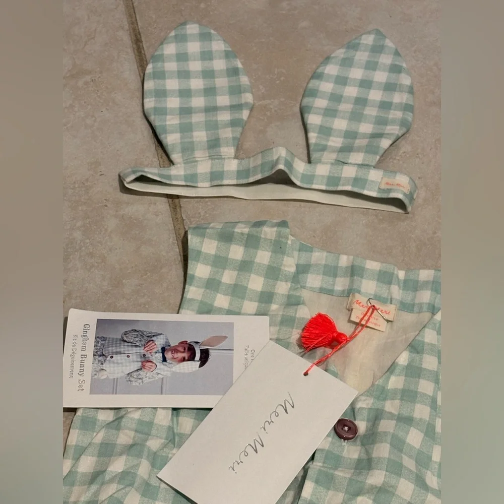 🐰Meri Meri Dusty Mint Gingham 2-Piece Bunny Costume Vest & Ears Set O/S